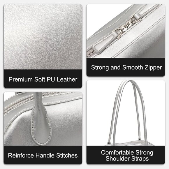 Women’s Silver PU Leather Y2K Shoulder Bag Trendy Fashion Work Travel Bag - Picture 5 of 7